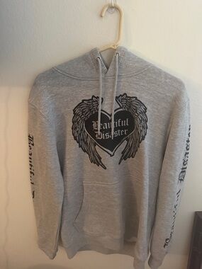 Beautiful Disaster Women's Gray Crewneck Sweater with Winged Heart Graphic
